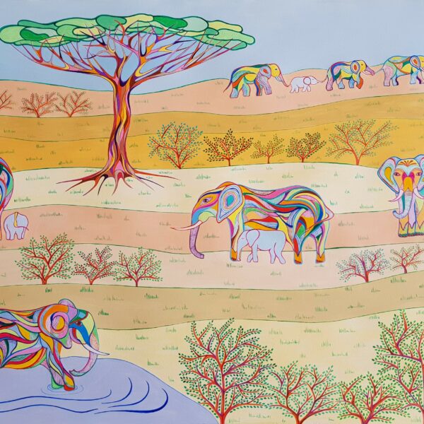 art-monik L'arbre aux éléphants acrylique naïf