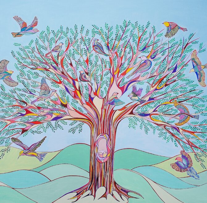 art-monik L'arbre aux oiseaux acrylique naïf