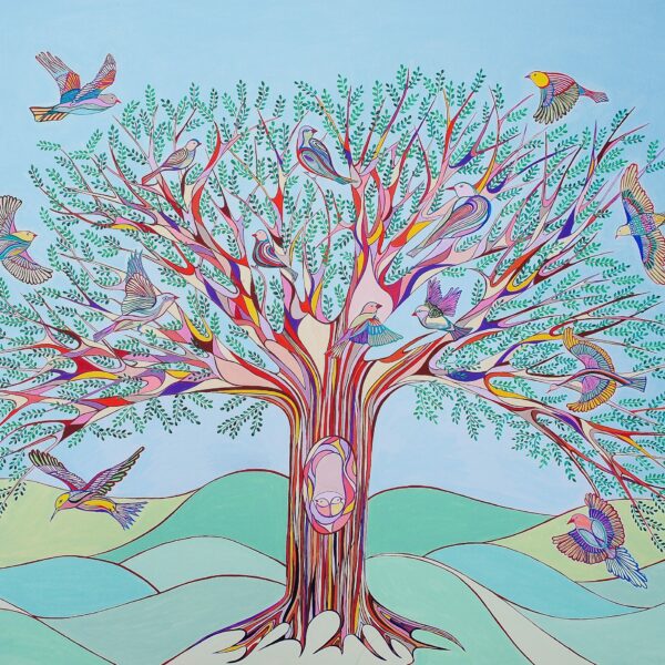 art-monik L'arbre aux oiseaux acrylique naïf